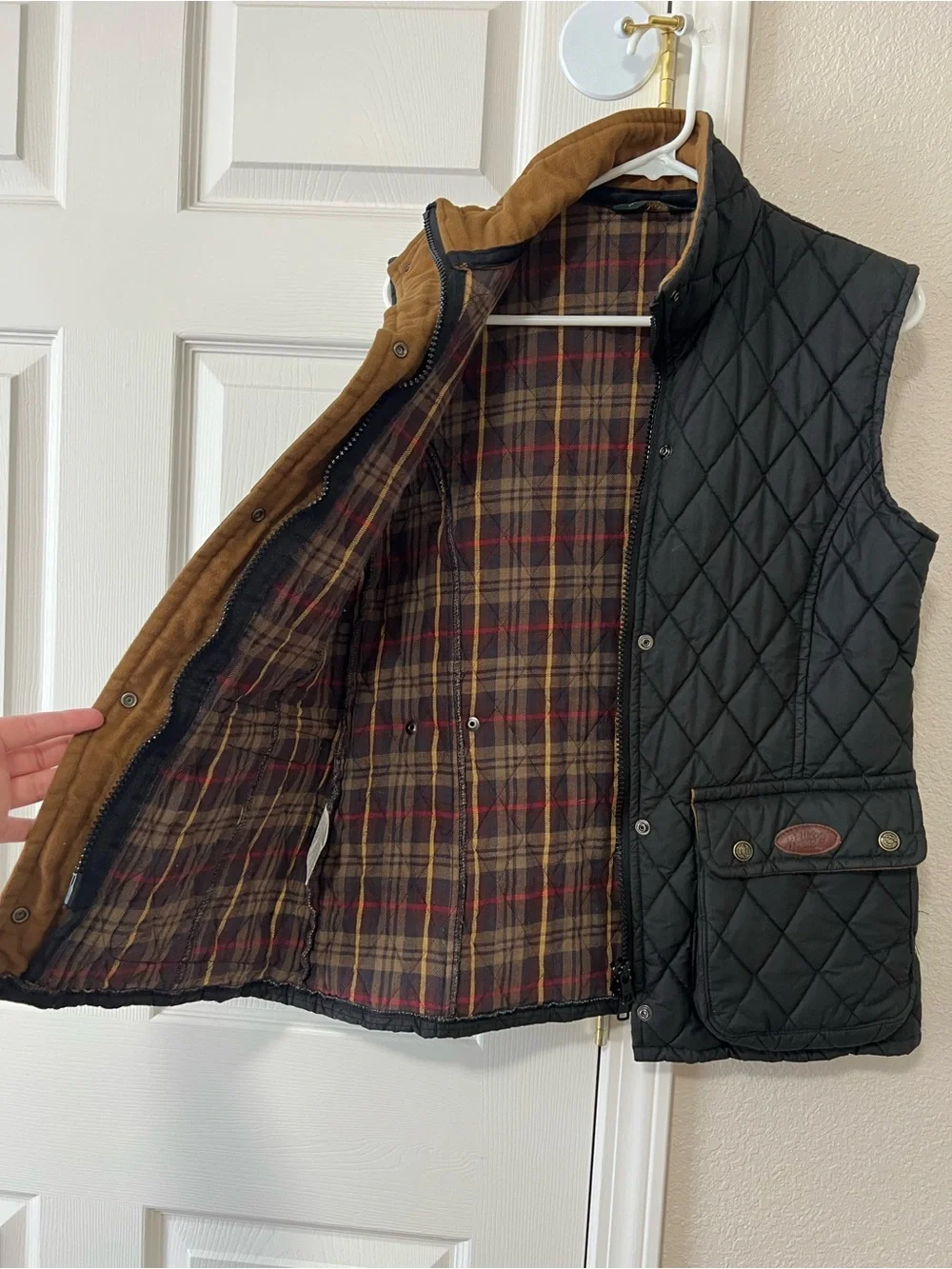 Welligogs Classics Quilted Waxed Cotton Vest Black Plaid Lined Size 12